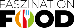 Logo Faszination Food mit schwarzer Schrift und farbigem Symbol im Buchstaben O, Event für Gastronomie, Lebensmittel und kulinarische Trends.