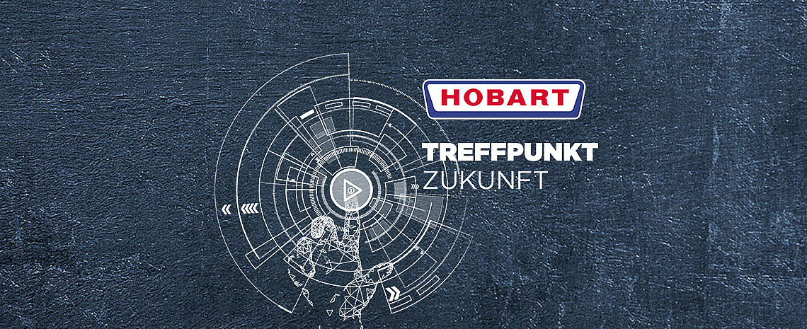 Futuristisches Motiv mit HOBART-Logo und dem Text „Treffpunkt Zukunft“ auf dunkelblauem Hintergrund. Weißes kreisförmiges Interface-Design mit Play-Symbol steht für Digitalisierung, Innovation und Zukunftstechnologie.